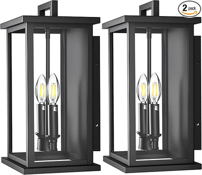 Large Outdoor Lights For House,Modern Exterior Lighting Fixtures,Black Outdoor Wall Lantern Sconce,2-Light Front Porch Garage Hallway Wall Mount Light With Thick Glass Shades Waterproof 2 Pack