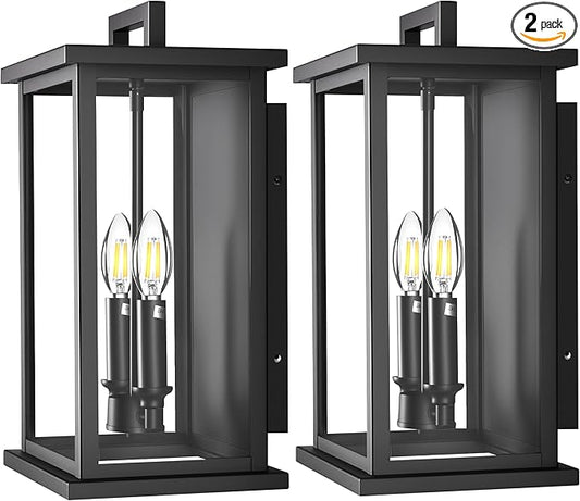 Large Outdoor Lights For House,Modern Exterior Lighting Fixtures,Black Outdoor Wall Lantern Sconce,2-Light Front Porch Garage Hallway Wall Mount Light With Thick Glass Shades Waterproof 2 Pack