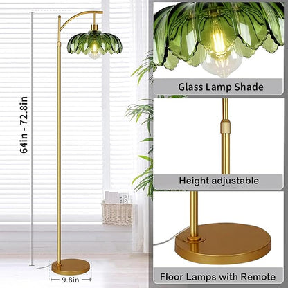 Gold Floor Lamp for Living Room Bedroom with Remote,Unique Vintage Standing Tall Lamp,Mid Century Modern Floor Lamps with Dimmable Bulb,Arc Green Glass Floor Lamps for Office Corner