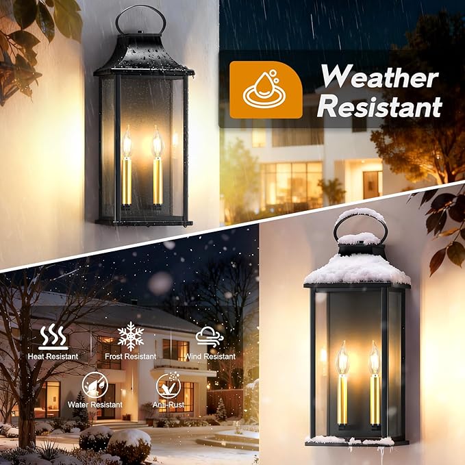 21" Large Outdoor Wall Lights 2 Packs, Black Exterior Lighting Fixtures Outdoor Sconce Light with E12 Base, 2-Light Outdoor Lanterns for Porch, Waterproof Outside Lights for House, Garage, Patio