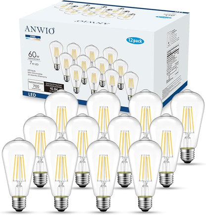ANWIO Vintage LED Edison Bulbs 12-Pack, 7W, Equivalent 60W, Non-Dimmable, ST58 2700K Warm White Antique LED Filament Bulbs,E26 Medium Base, Clear Glass Style for Home and Commercial