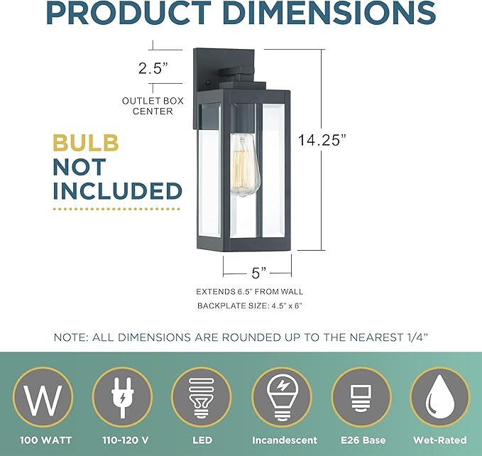 Quoizel Westover Modern Wall Sconce, 14.25 Inch Earth Black 1-Light Outdoor Light Fixture, Clear Beveled Glass Wall Lantern, 100 W, Industrial Design Wall Light for Porch, Patio, Gazebo or Yard