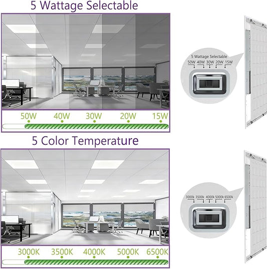 4 Pack 2x2 LED Flat Panel Light Drop Ceiling Office Fixture 5 CCT 3000K-6500K Adjustable & 5 Wattage 15W-20W-30W-40W-50W Selectable, 0-10V Dimmable，led Drop Ceiling Flat Panel troffer Light