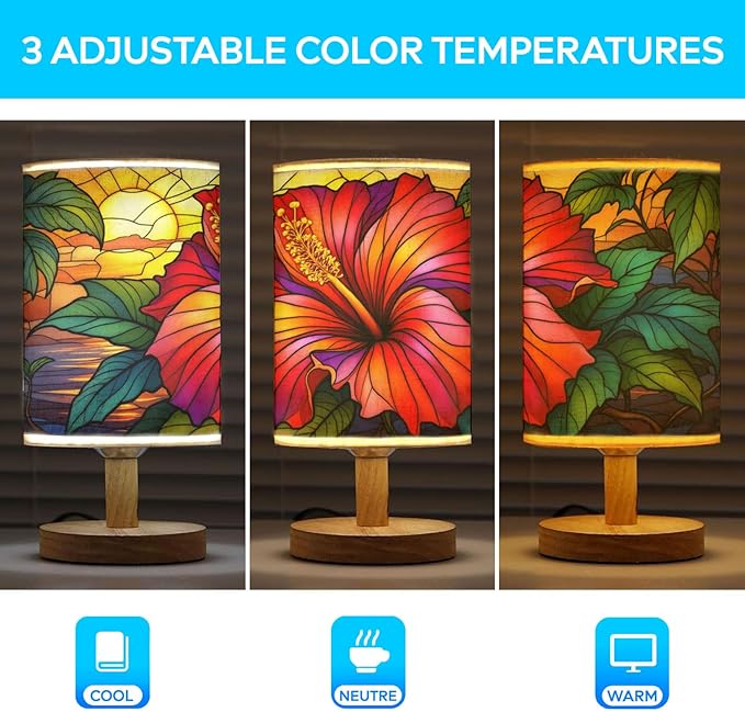 Hibiscus Table Lamp LED 3-Color Pressed Bedside, Hibiscus Shade Lamp with Wood Base for Bedroom Living Room Desk Office TL01
