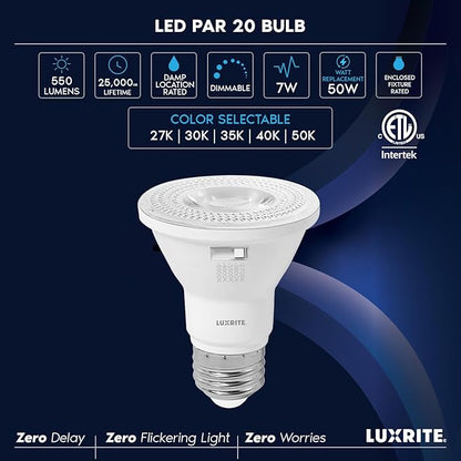 LUXRITE PAR20 LED Flood Light Bulb, 50W Equivalent, 5 Color Selectable 2700K-5000K, 550 Lumens, 7W, Dimmable LED Spotlight Bulb, Damp Rated, ETL Listed, E26 Base - Indoor Outdoor (12 Pack)