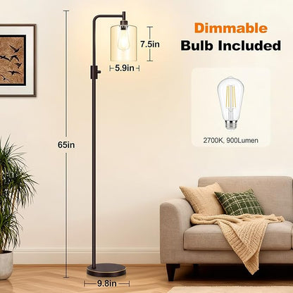 【Upgraded】Dimmable Floor Lamp for Living Room with Glass Lampshade, Brown and Gold Modern Floor Lamp with 900LM LED Bulb Included, Bright Standing Tall Lamp for Bedroom, Office, Reading Room, Corner