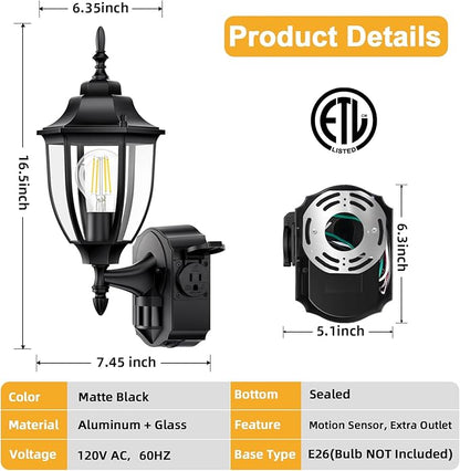 2 Pack Porch Lights with Outlet, Motion Sensor Outdoor Lights, Updated Dusk to Dawn Exterior Lighting Fixtures, Waterproof Anti-Rust Aluminum Outside Light for House Entryway Garage, Black