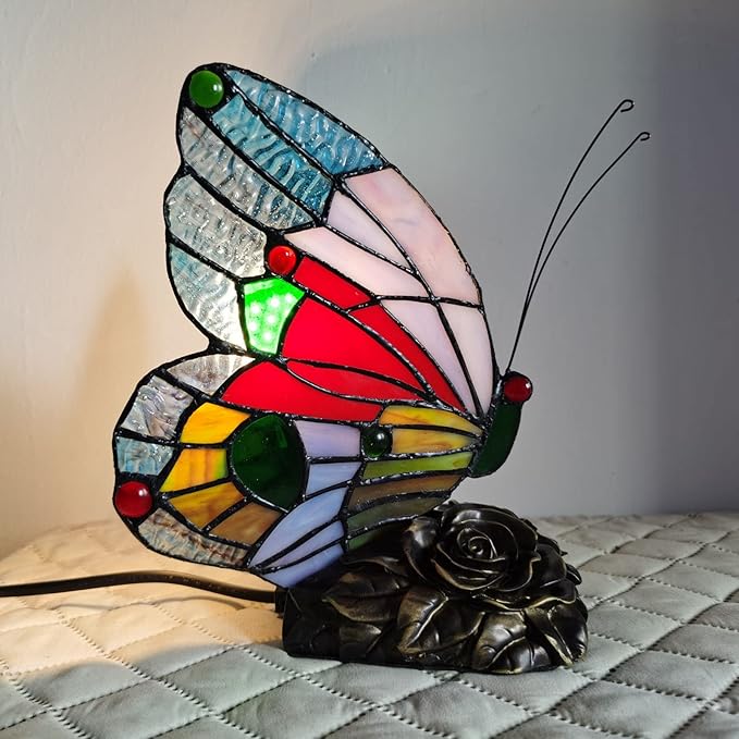 Bedside Tiffany Table Lamp LED Blue Red Butterfly Stained Glass Nightstand Table Lamps ON Off Switch Home Office Desk Lamp Night Light Girl Grandma Mothers Day Gifts W/Gift Box