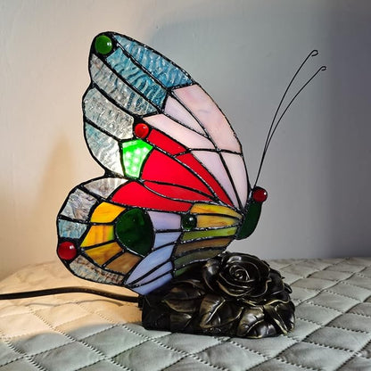 Bedside Tiffany Table Lamp LED Blue Red Butterfly Stained Glass Nightstand Table Lamps ON Off Switch Home Office Desk Lamp Night Light Girl Grandma Mothers Day Gifts W/Gift Box