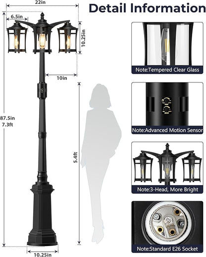 Lotsky Motion Sensor Outdoor Post Lights,360°Detection Dusk to Dawn Lamp Posts Outdoor Lighting with 3 Modes,Black 3-Head Aluminum Outside Street Light for Garden,Driveway,Patio,Waterproof,E26 Base