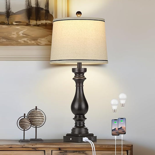 29" Farmhouse Table Lamp for Living Room,Vintage Bedside Nightstand Lamp with USB C+A Ports & AC Outlet,3-Way Dimmable Touch Control Retro Black Desk Lamp for Bedroom,Single Black