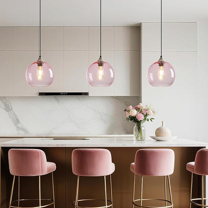 Pink Glass Pendant Lights Kitchen Island Lighting Globe Pendant Light Fixtures Modern Pendant Lighting for Bedroom Living Dining Room Light Fixture (7.87 in, 2 Pack)
