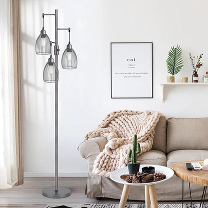 Torondo Dimmable Industrial Floor Lamps for Living Room, Gray Tree Standing Tall Lamps with 3 Elegant Teardrop Cage Head & 800 Lumens LED Bulbs for Bedroom Office