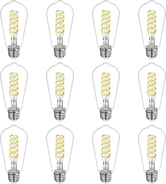BORT Dimmable LED Edison Bulbs,6W Equivalent to 60W Vintage Light Bulb, E26 5000K ST58/ST19 LED Bulbs, Antique Flexible Spiral LED Filament Light Bulbs, Clear Plastic Screw Lamp - 12Pack