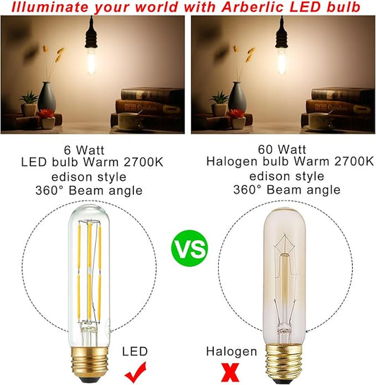 Arberlic 5 Inch T10 LED Bulb,6W Tubular Light Bulb Equivalent E26 led Bulb 60 watt dimmable,Warm White 2700K,600lm,CRI85+,AC120V,Edison Style,Clear Glass,Flicker Free,Pack of 6