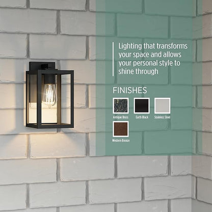 Quoizel Westover Modern Wall Sconce, 10 Inch Earth Black 1-Light Outdoor Light Fixture, Clear Transparent Glass Wall Lantern, 100 W, Industrial Design Wall Light for Porch, Patio, Gazebo or Yard