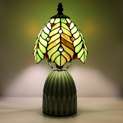 Stained Glass Mushroom Table Lamps 6X6X12.5 Inch Green Coconut Leave Style Small Night Light Ceramic Base Mini Accent Desk Light Suitable for Bedside Table Bedroom Children Room