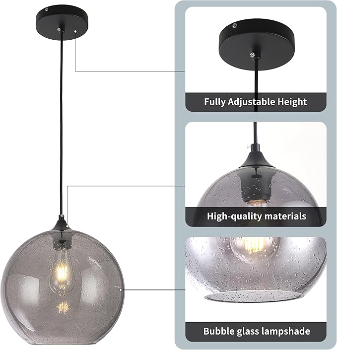 Grey Glass Pendant Lights Kitchen Island Lighting Modern Globe Pendant Light Fixtures Modern Pendant Lights for Kitchen Island Bedroom Living Dining Room Light Fixture-11.8inch 2Pack