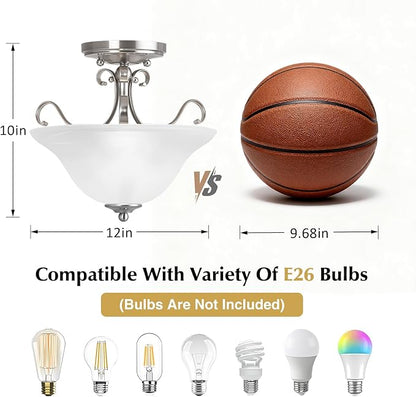 Luvkczc Semi Flush Mount Ceiling Light,Brushed Nickel Ceiling Light Fixture, Mid Century Ceiling Light,Modern Glass Close to Ceiling Light for Bedroom Kitchen Porch Hallway,Bulbs Not Included