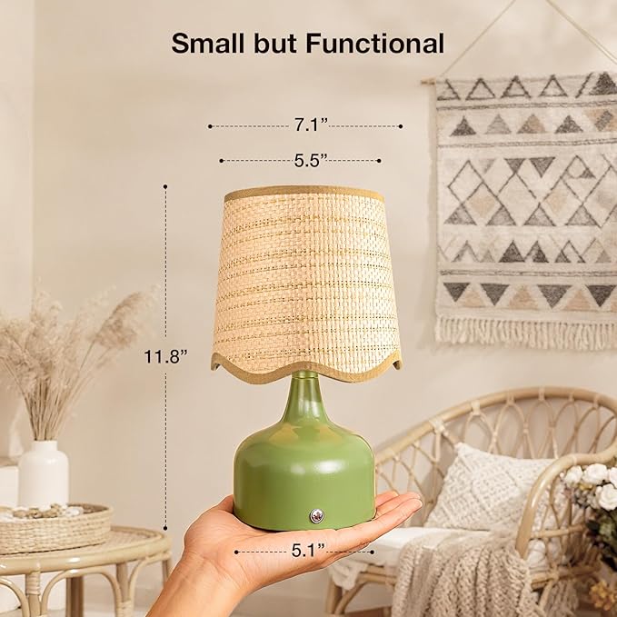 Cordless Boho Table Lamp Green, Wicker Shade, 5200-mAh Rechargeable Battery, 3-Way Dimmable, Build-in Integrated LED 320 Lumen Max, for Bedside Living Room