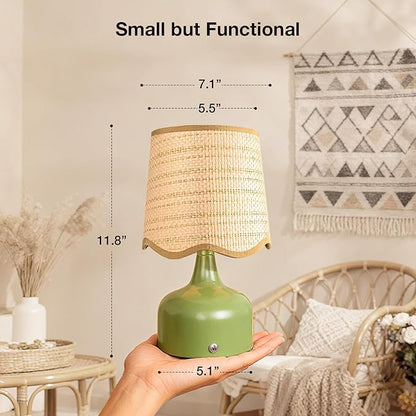 Cordless Boho Table Lamp Green, Wicker Shade, 5200-mAh Rechargeable Battery, 3-Way Dimmable, Build-in Integrated LED 320 Lumen Max, for Bedside Living Room