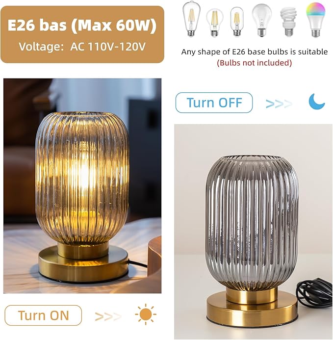 Bedside Table Lamp with Glass Shade, Small Nightlight Lamp Elegant Gray Ribbed Glass Nightstand Lamp Modern Desk Lamp with Plug-in Style for Bedroom Living Room Tabletop Dia5.9 x H9.8