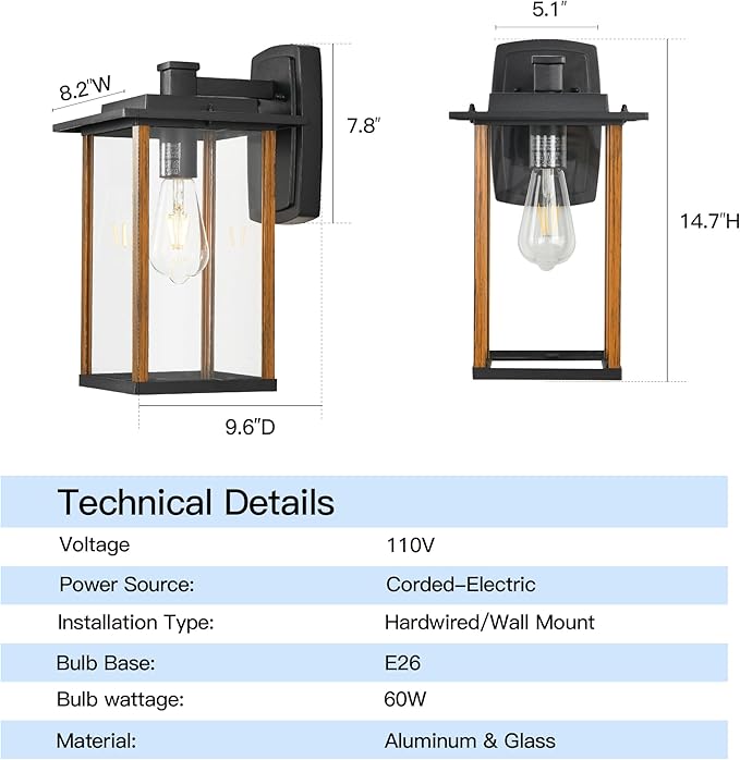 Outdoor Wall Sconce, Large Exterior Wall Lighting, LED Outdoor Porch Wall Light Fixtures with Clear Glass for Outside, Garge, Patio, Wood Grain Finish & Matte Black Finish