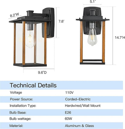 Outdoor Wall Sconce, Large Exterior Wall Lighting, LED Outdoor Porch Wall Light Fixtures with Clear Glass for Outside, Garge, Patio, Wood Grain Finish & Matte Black Finish