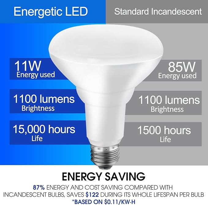 Energetic LED Recessed Light Bulbs BR30, 85W Equivalent, Dimmable, Warm White 3000K, Indoor Flood Lights for Recessed Cans, UL Listed, 6 Pack