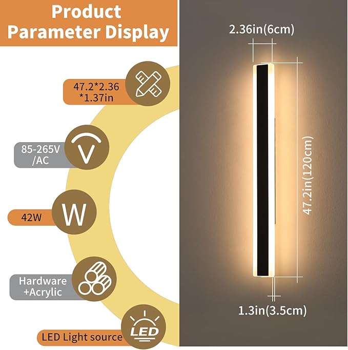 Outside Modern Wall Light, 47inch Outdoor LED Wall Lights, Minimalist Long Strip Wall Sconces, 3000K Warm White, IP65 Waterproof, Black Porch Lighting for Garden, Garage, House, Yard
