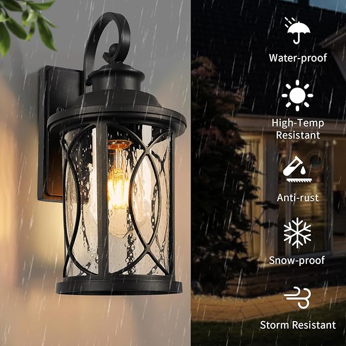 Treekee Outdoor Light Fixture Wall Mount, Modern Exterior Wall Sconce with Seeded Glass & E26 Sockets for Front Porch, Farmhouse Rustic Black Wall Lantern Lamp for Patio Garage Home Yard
