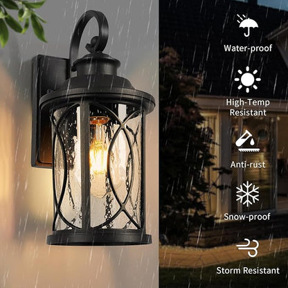 Treekee Outdoor Light Fixture Wall Mount, Modern Exterior Wall Sconce with Seeded Glass & E26 Sockets for Front Porch, Farmhouse Rustic Black Wall Lantern Lamp for Patio Garage Home Yard
