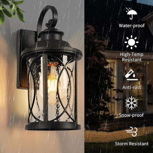 Treekee Outdoor Light Fixture Wall Mount, Modern Exterior Wall Sconce with Seeded Glass & E26 Sockets for Front Porch, Farmhouse Rustic Black Wall Lantern Lamp for Patio Garage Home Yard