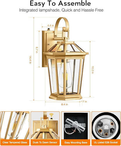 VIANIS Outdoor Porch Lights Wall Mount, Dusk to Dawn Exterior Light Fixture for House, 100% Anti-Rust Aluminum Waterproof Porch Light Outside Wall Lights, Gold Wall Sconce Lanterns for Garage