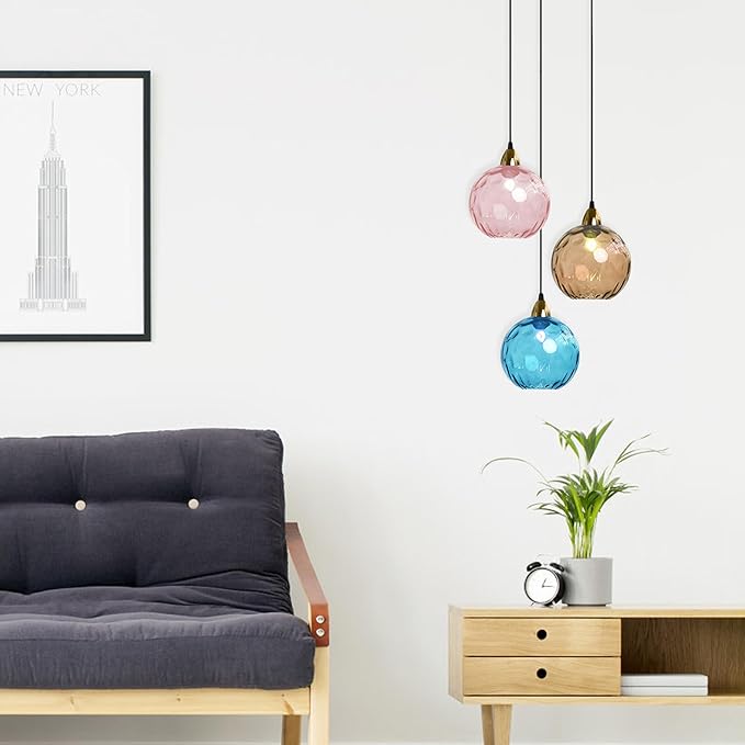 20cm/7.9’’ Industrial Vintage Spherical Glass Pendant Light, E26 Ceiling Hanging Lamp, Gold Finish & Ripple Glass Globe Shade, Dining Room Bedroom Chandelier (Azure Blue)