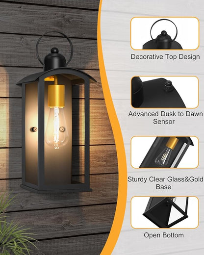 Dusk to Dawn Outdoor Wall Light Fixtures, 15inch Waterproof Patio Lanterns, Exterior Wall Mount Lantern Sconce with Glass, Black Wall Sconces for House Garage Front Door
