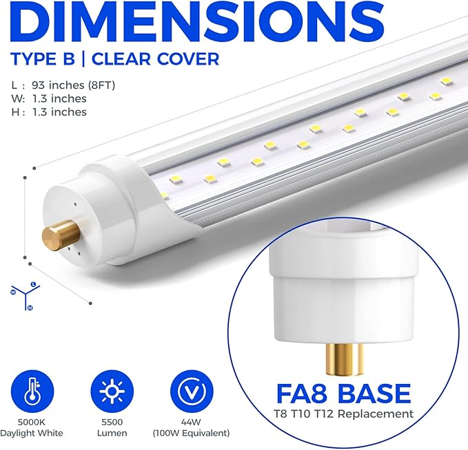 Barrina 8 FT LED Tube Lights, 44W 5500lm 5000K, Super Bright,T8 T10 T12 LED Bulb, FA8 Single Pin LED Lights, Clear Cover,LED Shop Bulbs to Replace Fluorescent Light Bulbs Pack of 12