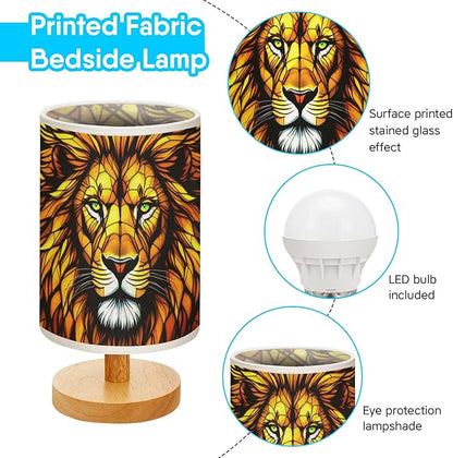 Lion Table Lamp LED 3-Color Pressed Bedside, Lion Shade Lamp with Wood Base for Bedroom Living Room Desk Office TL01