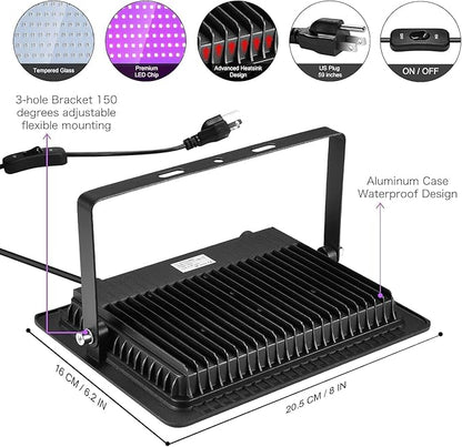 4 Pack 150W LED Black Lights, Blacklight Flood Light Outdoor with Plug and Switch, IP66 Waterproof for Dance Party, Glow in The Dark, Halloween Lights, Body Paint, Fluorescent Poster