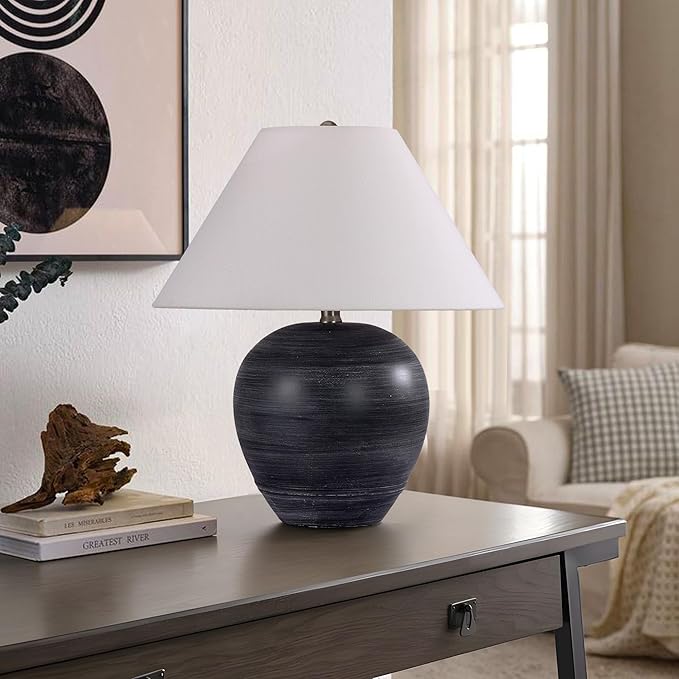 Farmhouse Ceramic Table Lamp Set of 2, 18" Rustic Table Lamp with Linen Shade, Bedside Nightstand Lamps for Bedroom, Living Room, E26 Socket, Black with White Striped