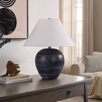 Farmhouse Ceramic Table Lamp Set of 2, 18" Rustic Table Lamp with Linen Shade, Bedside Nightstand Lamps for Bedroom, Living Room, E26 Socket, Black with White Striped