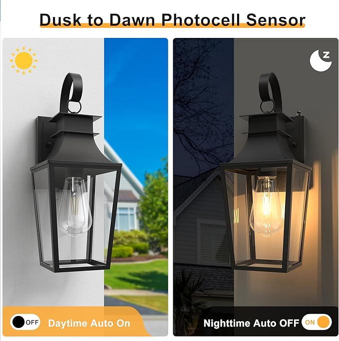 𝟏𝟔 𝐈𝐍𝐂𝐇 Outdoor Wall Light Fixtures, Dusk to Dawn Outdoor Lighting Wall Mount with E26 Sockets & Clear Glass Shades, Waterproof Exterior Black Porch Lights for Front Door Garage Patio
