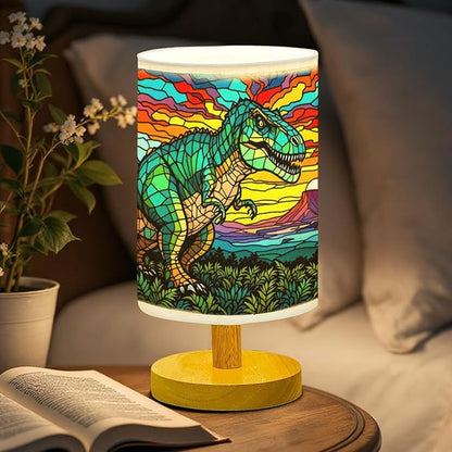 Dinosaur Table Lamp LED 3-Color Pressed Bedside, Dinosaur Shade Lamp with Wood Base for Bedroom Living Room Desk Office TL01