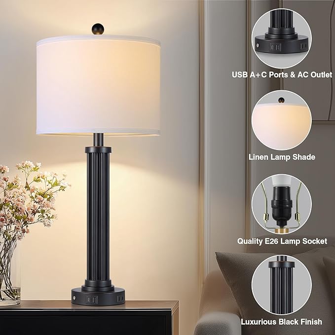 28" Tall Modern Table Lamps Set of 2 with USB C+A Ports and AC Outlet, 3 Way Touch Metal Bedside Lamps for Living Room, Black Nightstand Lamps for Bedroom