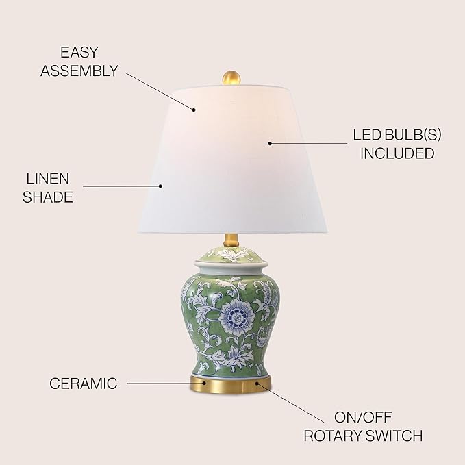 JONATHAN Y JYL3005E Penelope 22" French Country Cottage Ceramic/Iron Chinoiserie Ginger Jar LED Table Lamp, Green/White for Bedroom, Living Room, Office, College