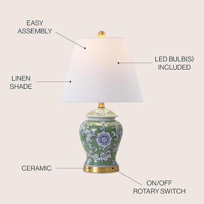 JONATHAN Y JYL3005E Penelope 22" French Country Cottage Ceramic/Iron Chinoiserie Ginger Jar LED Table Lamp, Green/White for Bedroom, Living Room, Office, College