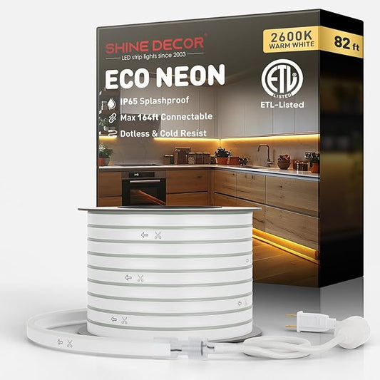 Shine Decor LED Rope Lights AC 120V, Connectable & Cuttable Dotless 120LEDs/M Eco Neon Strip Lighting, ETL IP65 Waterproof & Weather-Resistant for Home Commercial, 8x16mm, 2600K Warm White, 82FT