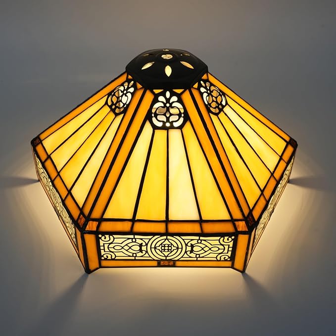 Tiffany Lamp Shade Replacement, 12 Inch Openwork Hexagon Stained Glass Vintage Handmade Cute Decor Ceiling Light Shade for Table Lamp Pendant Light