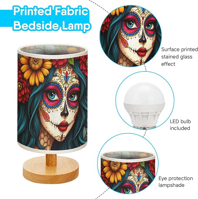 Sugar Skull Girl Table Lamp LED 3-Color Pressed Bedside, Sugar Skull Girl Shade Lamp with Wood Base for Bedroom Living Room Desk Office TL01