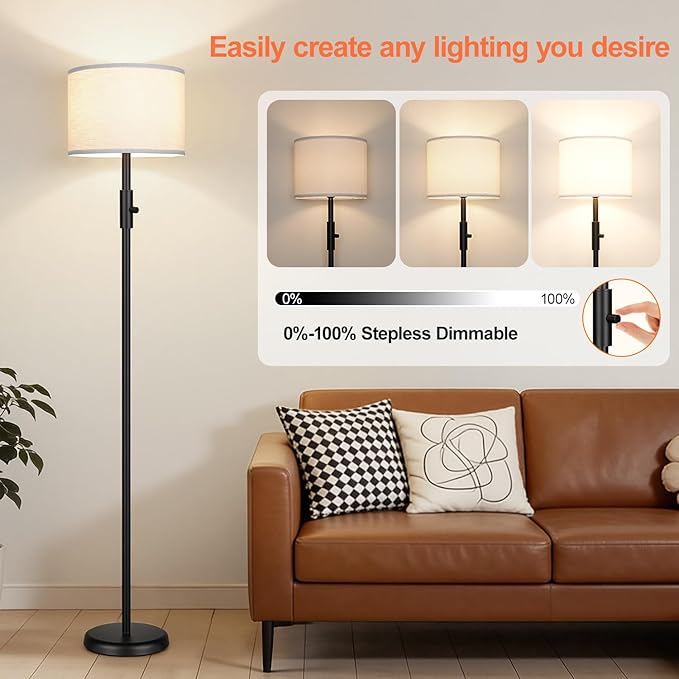 【Upgraded】 Dimmable Floor Lamp, 1000 Lumens LED Bulb Included, Modern Floor Lamps Simple Design with White Shade for Living Room, Tall Standing Lamp for Bedroom Office Dining Room, Black Pole Lamp